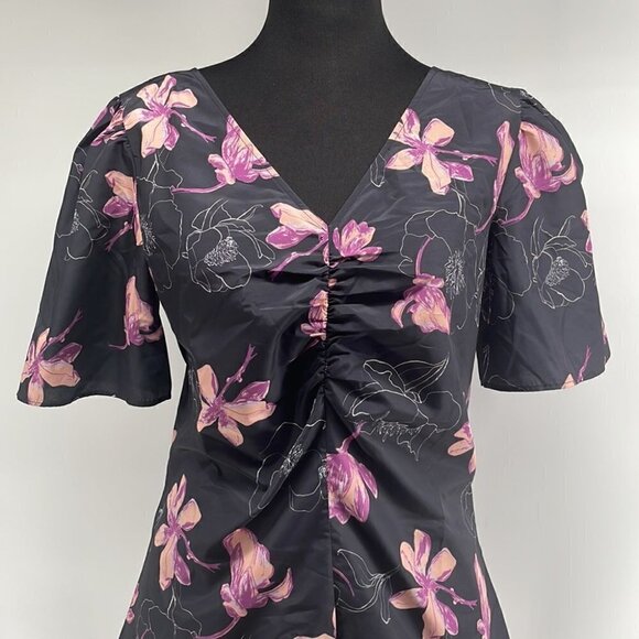 CLUB Monaco NWT Ruched Flutter Sleeve Top floral career shirt sz small - Picture 8 of 12